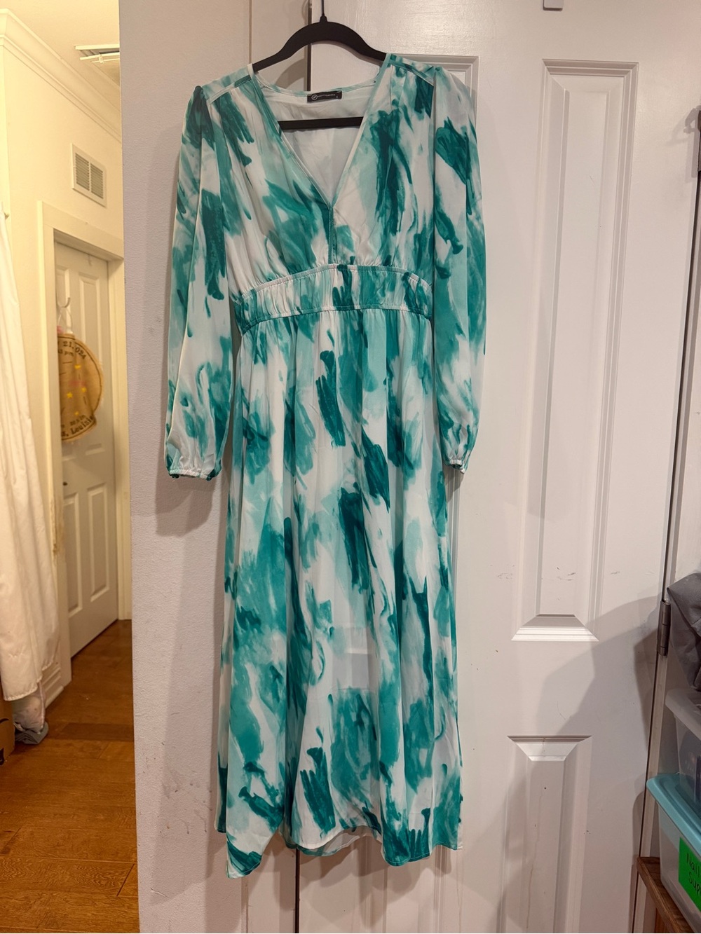 Women's Teal Brushstroke Midi Dress - V-Neck